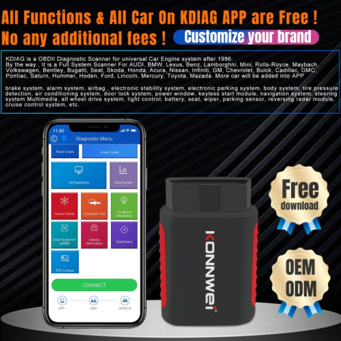 Scanner de diagnostic complet du système OBDII de voiture KONNWEI K DIAG (noir rouge) SK601A1169-09