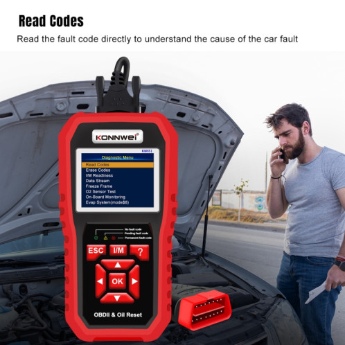 KONNWEI KW851 2 en 1 Scanner OBDll de voiture outil de diagnostic réinitialisation du voyant de service d'huile (noir) SK101A297-013