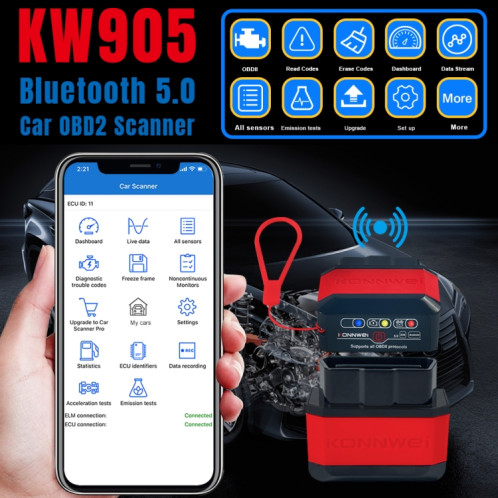 KONNWEI KW905 Bluetooth 5.0 Scanner de voiture OBD2 compatible Android et iOS (noir) SK701C748-09