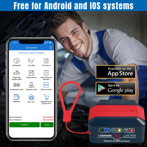 KONNWEI KW905 Bluetooth 5.0 Scanner de voiture OBD2 compatible Android et iOS (noir rouge) SK701A142-09