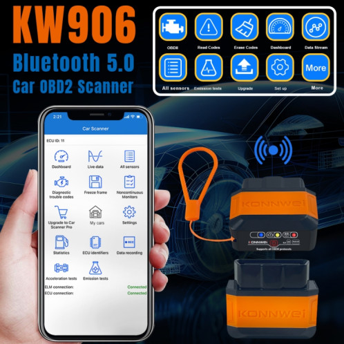 KONNWEI KW906 Bluetooth 5.0 Scanner de voiture OBD2 compatible Android et iOS (noir rouge) SK801A930-09