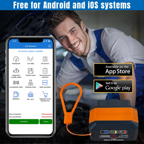 KONNWEI KW906 Bluetooth 5.0 Scanner de voiture OBD2 compatible Android et iOS (noir rouge) SK801A930-09