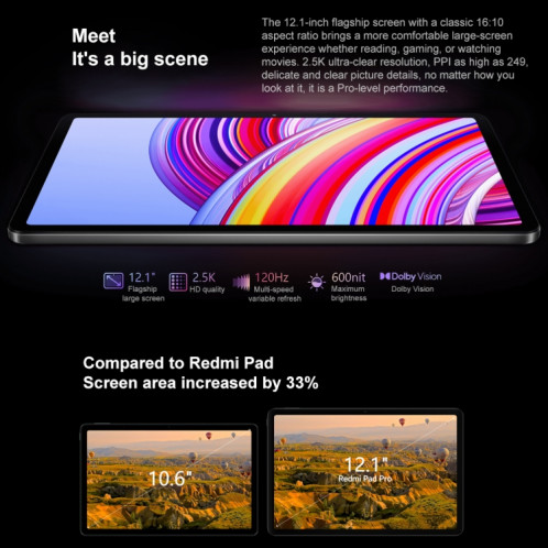 Tablette PC Xiaomi Redmi Pad Pro 12,1 pouces, 6 Go + 128 Go, HyperOS Qualcomm Snapdragon 7s Gen2 Octa Core, batterie 10 000 mAh (gris foncé) SX101A1584-022