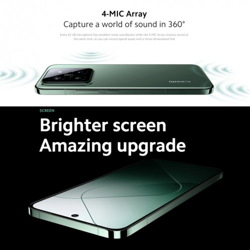  Xiaomi 14 5G Global, 12 Go + 512 Go, 6,36 pouces Xiaomi HyperOS Snapdragon 8 Gen 3 Octa Core 3,3 GHz, réseau : 5G (vert) SX402B1008-025