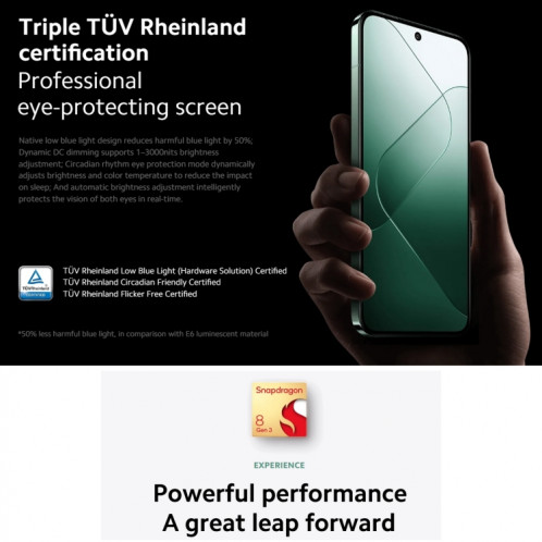  Xiaomi 14 5G Global, 12 Go + 512 Go, 6,36 pouces Xiaomi HyperOS Snapdragon 8 Gen 3 Octa Core 3,3 GHz, réseau : 5G (vert) SX402B1008-025