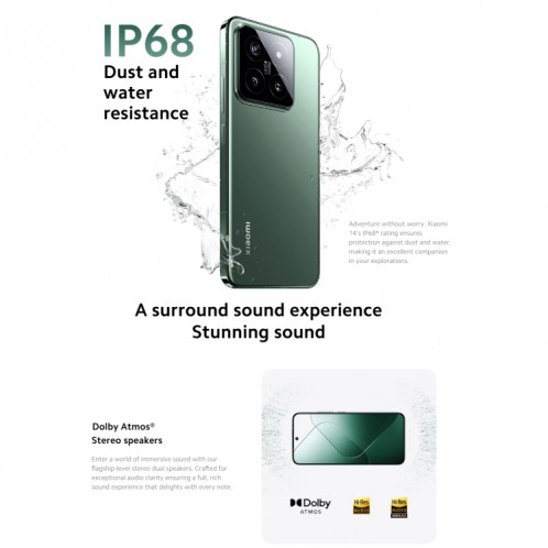  Xiaomi 14 5G Global, 12 Go + 512 Go, 6,36 pouces Xiaomi HyperOS Snapdragon 8 Gen 3 Octa Core 3,3 GHz, réseau : 5G (vert) SX402B1008-025