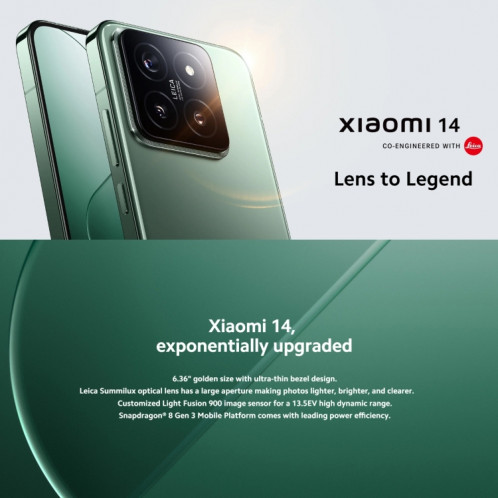  Xiaomi 14 5G Global, 12 Go + 256 Go, 6,36 pouces Xiaomi HyperOS Snapdragon 8 Gen 3 Octa Core 3,3 GHz, réseau : 5G (noir) SX401A775-025