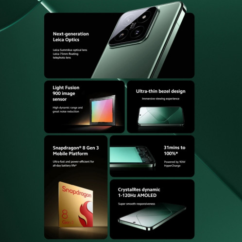  Xiaomi 14 5G Global, 12 Go + 256 Go, 6,36 pouces Xiaomi HyperOS Snapdragon 8 Gen 3 Octa Core 3,3 GHz, réseau : 5G (noir) SX401A775-025