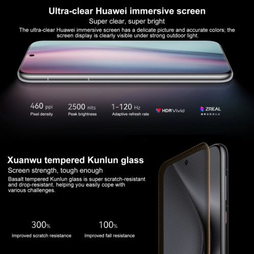 HUAWEI Pura 70 Pro+, 16 Go + 1 To, identification par empreinte digitale sur écran, 6,8 pouces HarmonyOS 4.2 Kirin 9010 Octa Core jusqu'à 2,3 GHz, NFC, OTG, non compatible avec Google Play (argent) SH002B1995-013