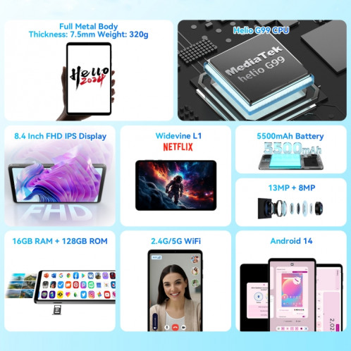 HEADWOLF Fpad5 4G LTE Tablette PC, 8 Go + 128 Go, 8,4 pouces Android 14 MT6789 Octa Core Prise en charge double SIM, version mondiale avec Google Play (Noir) SH901A170-010