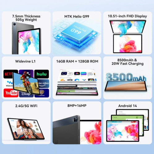 HEADWOLF Hpad5 4G LTE Tablette PC, 8 Go + 128 Go, 10,51 pouces Android 14 MT6789 Octa Core Prise en charge double SIM, version mondiale avec Google Play (gris foncé) SH101A1731-010
