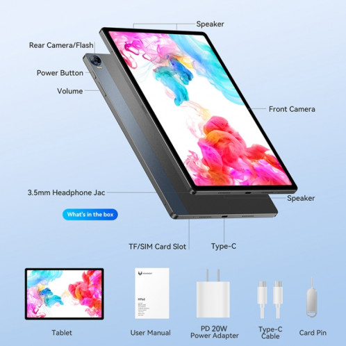 HEADWOLF Hpad5 4G LTE Tablette PC, 8 Go + 128 Go, 10,51 pouces Android 14 MT6789 Octa Core Prise en charge double SIM, version mondiale avec Google Play (gris foncé) SH101A1731-010