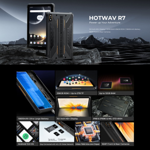  Tablette robuste HOTWAV Tab R7, 6 Go + 256 Go, 10,1 pouces Android 13 Unisoc Tiger T606 Octa Core réseau 4G, version mondiale avec Google Play (noir gris) SH001A901-012