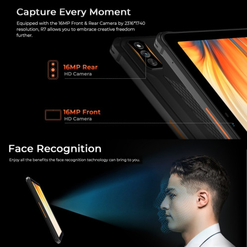  Tablette robuste HOTWAV Tab R7, 6 Go + 256 Go, 10,1 pouces Android 13 Unisoc Tiger T606 Octa Core 4G, version mondiale avec Google Play (noir orange) SH001B1607-012