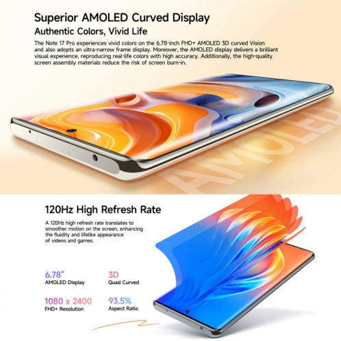  Ulefone Note 17 Pro, 12 Go + 256 Go, empreinte digitale d'écran, 6,78 pouces Android 13 MediaTek Helio G99 MTK6789 Octa Core, NFC, réseau : 4G (orange ambre) SU701B161-017