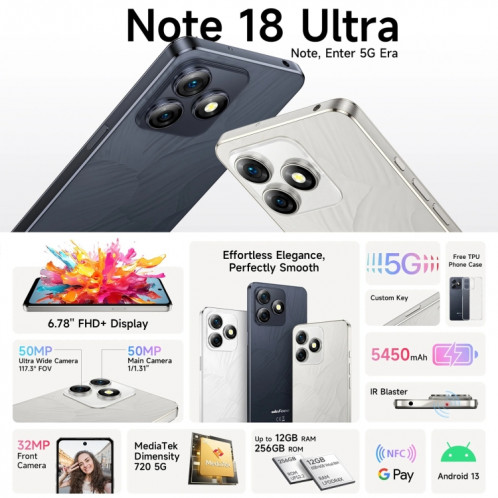  Ulefone Note 18 Ultra, 6 Go + 256 Go, empreinte digitale latérale, 6,78 pouces Android 13 MediaTek Dimensity 720 5G MT6853 Octa Core 2,0 GHz, NFC, réseau : 5G (blanc clair de lune) SU301B1210-015