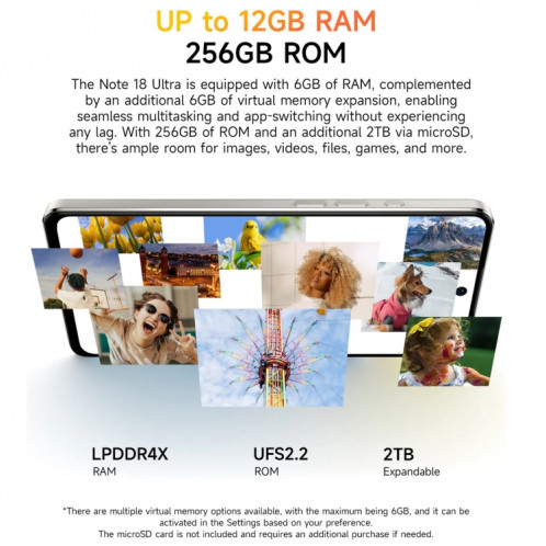  Ulefone Note 18 Ultra, 6 Go + 256 Go, empreinte digitale latérale, 6,78 pouces Android 13 MediaTek Dimensity 720 5G MT6853 Octa Core 2,0 GHz, NFC, réseau : 5G (blanc clair de lune) SU301B1210-015