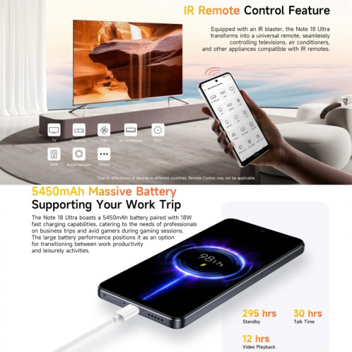  Ulefone Note 18 Ultra, 6 Go + 256 Go, empreinte digitale latérale, 6,78 pouces Android 13 MediaTek Dimensity 720 5G MT6853 Octa Core 2,0 GHz, NFC, réseau : 5G (noir brillant) SU301A2-015