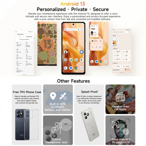  Ulefone Note 18 Ultra, 6 Go + 256 Go, empreinte digitale latérale, 6,78 pouces Android 13 MediaTek Dimensity 720 5G MT6853 Octa Core 2,0 GHz, NFC, réseau : 5G (blanc clair de lune) SU301B1210-015