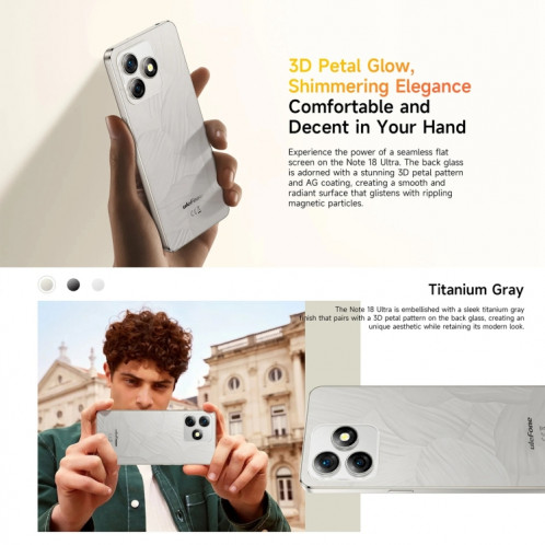  Ulefone Note 18 Ultra, 6 Go + 256 Go, empreinte digitale latérale, 6,78 pouces Android 13 MediaTek Dimensity 720 5G MT6853 Octa Core 2,0 GHz, NFC, réseau : 5G (noir brillant) SU301A2-015