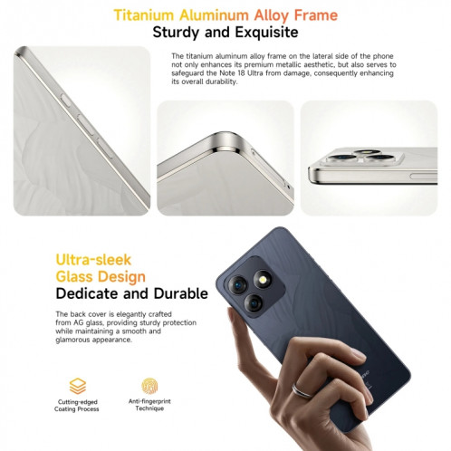  Ulefone Note 18 Ultra, 6 Go + 256 Go, empreinte digitale latérale, 6,78 pouces Android 13 MediaTek Dimensity 720 5G MT6853 Octa Core 2,0 GHz, NFC, réseau : 5G (blanc clair de lune) SU301B1210-015