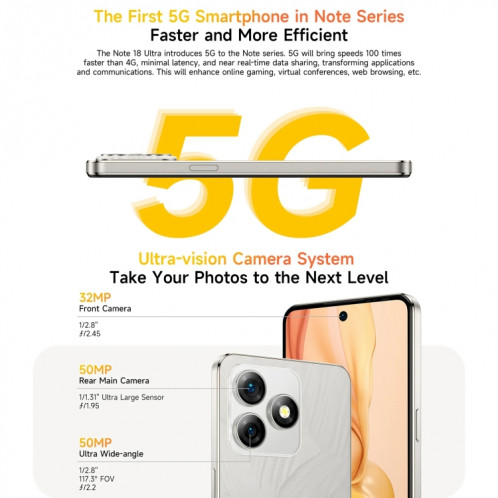  Ulefone Note 18 Ultra, 6 Go + 256 Go, empreinte digitale latérale, 6,78 pouces Android 13 MediaTek Dimensity 720 5G MT6853 Octa Core 2,0 GHz, NFC, réseau : 5G (noir brillant) SU301A2-015