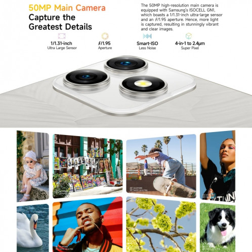  Ulefone Note 18 Ultra, 6 Go + 256 Go, empreinte digitale latérale, 6,78 pouces Android 13 MediaTek Dimensity 720 5G MT6853 Octa Core 2,0 GHz, NFC, réseau : 5G (blanc clair de lune) SU301B1210-015