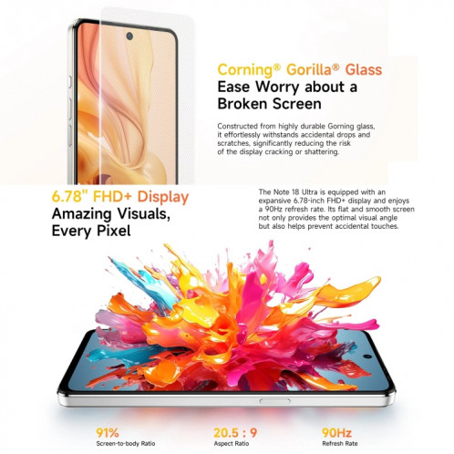  Ulefone Note 18 Ultra, 6 Go + 256 Go, empreinte digitale latérale, 6,78 pouces Android 13 MediaTek Dimensity 720 5G MT6853 Octa Core 2,0 GHz, NFC, réseau : 5G (blanc clair de lune) SU301B1210-015