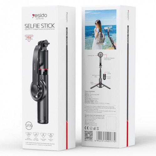 Yesido SF19 Trépied magnétique pour téléphone portable Bluetooth Télécommande Selfie Stick (Noir) SY501A1260-011