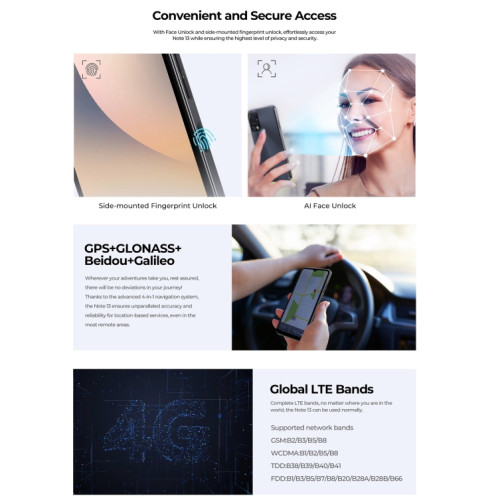  HOTWAV Note 13, 4 Go + 128 Go, identification par empreinte digitale latérale, 6,6 pouces Android 13 T606 Octa Core jusqu'à 1,6 GHz, réseau : 4G, NFC, OTG (noir) SH501A1086-014