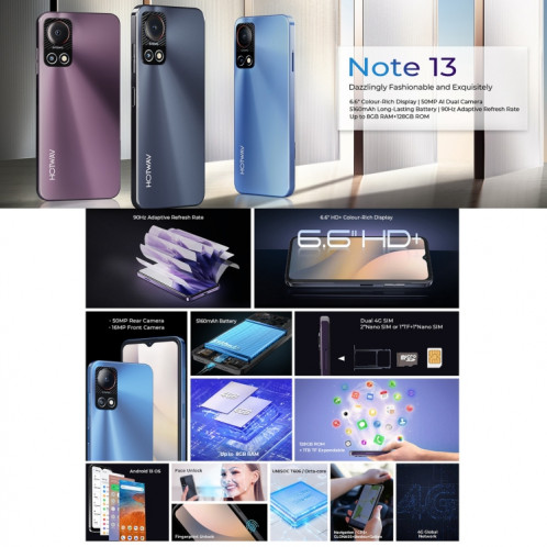  HOTWAV Note 13, 4 Go + 128 Go, identification par empreinte digitale latérale, 6,6 pouces Android 13 T606 Octa Core jusqu'à 1,6 GHz, réseau : 4G, NFC, OTG (bleu) SH501C188-014