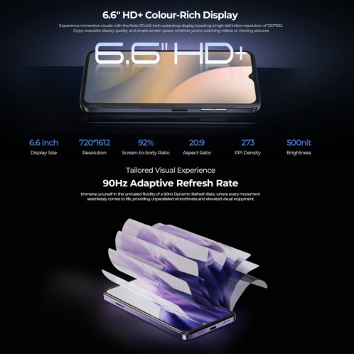  HOTWAV Note 13, 4 Go + 128 Go, identification par empreinte digitale latérale, 6,6 pouces Android 13 T606 Octa Core jusqu'à 1,6 GHz, réseau : 4G, NFC, OTG (noir) SH501A1086-014