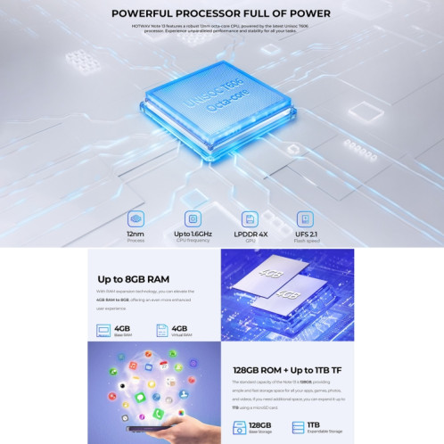  HOTWAV Note 13, 4 Go + 128 Go, identification par empreinte digitale latérale, 6,6 pouces Android 13 T606 Octa Core jusqu'à 1,6 GHz, réseau : 4G, NFC, OTG (noir) SH501A1086-014