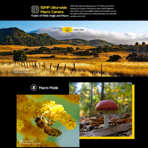  Téléphone robuste Ulefone Armor 26 Ultra version talkie-walkie, 12 Go + 512 Go, 6,78 pouces Android 13 MediaTek Dimensity 8020 Octa Core, réseau : 5G, NFC (noir) SU101A798-020