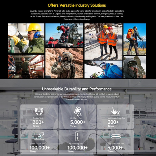  Téléphone robuste Ulefone Armor 26 Ultra version talkie-walkie, 12 Go + 512 Go, 6,78 pouces Android 13 MediaTek Dimensity 8020 Octa Core, réseau : 5G, NFC (noir) SU101A798-020