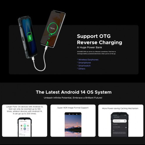 Téléphone robuste DOOGEE S118, 8 Go + 512 Go, 6,58 pouces Android 14 MediaTek Helio G99 Octa Core, réseau : 4G, OTG, NFC (noir rouge) SD801A45-022