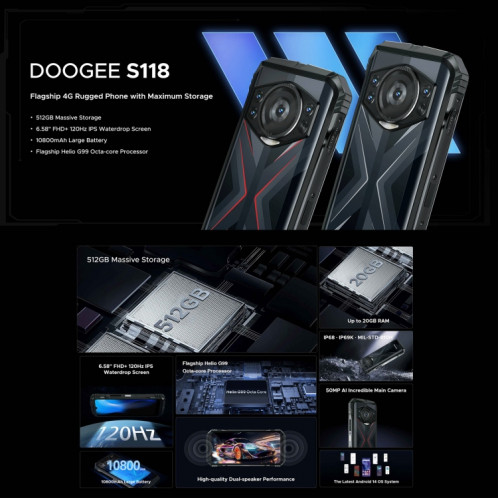  Téléphone robuste DOOGEE S118, 8 Go + 512 Go, 6,58 pouces Android 14 MediaTek Helio G99 Octa Core, réseau : 4G, OTG, NFC (noir rouge) SD801A45-022