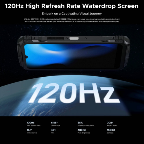  Téléphone robuste DOOGEE S118, 8 Go + 512 Go, 6,58 pouces Android 14 MediaTek Helio G99 Octa Core, réseau : 4G, OTG, NFC (noir rouge) SD801A45-022