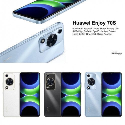 HUAWEI Enjoy 70S, 8 Go + 256 Go, identification par empreinte digitale latérale, 6,75 pouces HarmonyOS 4.2 Octa Core 2,4 GHz, réseau: 4G, ne prend pas en charge Google Play (blanc) SH902B983-012