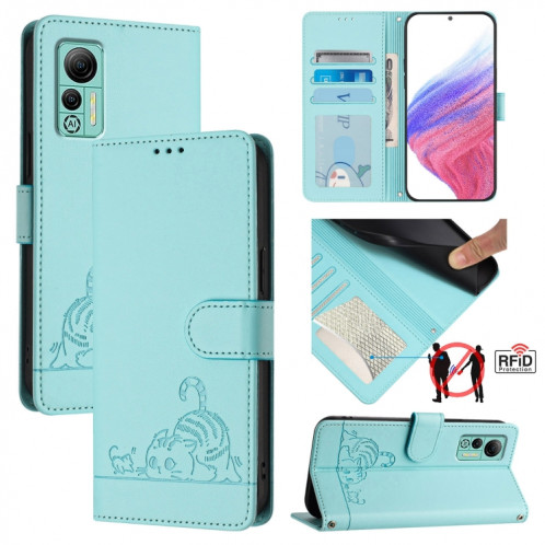 Pour Ulefone Note 14 Cat Rat Motif en relief Étui de téléphone en cuir RFID avec lanière (vert menthe) SH901A625-08