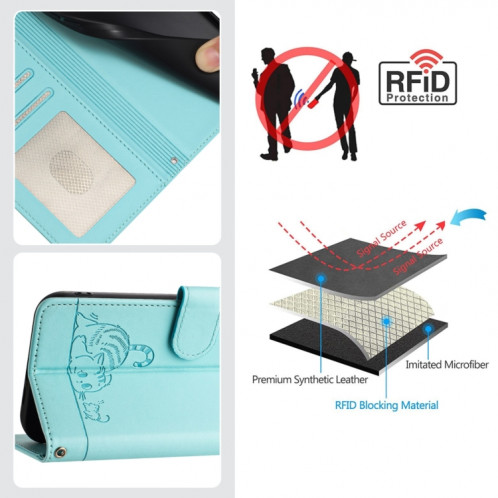 Pour Ulefone Note 14 Cat Rat Motif en relief Étui de téléphone en cuir RFID avec lanière (vert menthe) SH901A625-08