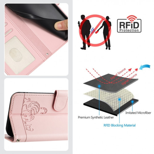 Pour Ulefone Note 14 Cat Rat Motif en relief Étui de téléphone en cuir RFID avec lanière (rose) SH901B340-08