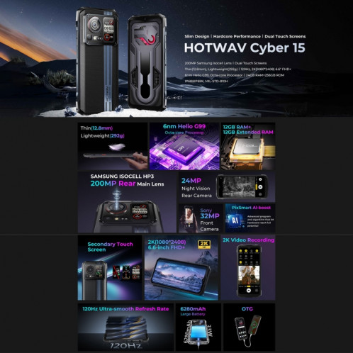  HOTWAV Cyber ​​15, 12 Go + 256 Go, téléphone robuste IP68/IP69K, 10800 mAh, 6,6 pouces Android 13 MediaTek MT6789 Helio G99 Octa Core, réseau : 4G, NFC, OTG (Knight Black) SH401B1179-016