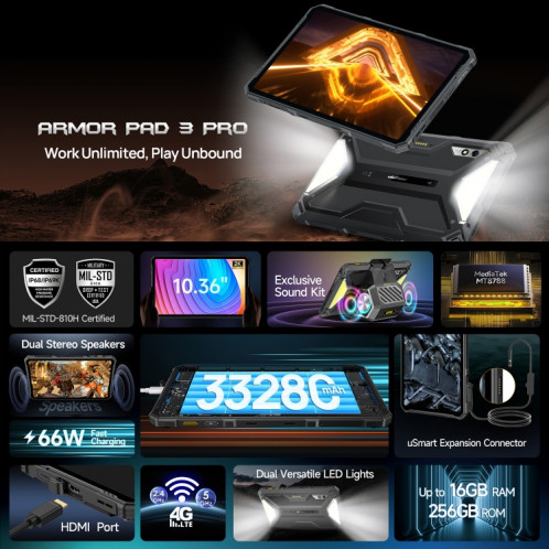  Tablette PC robuste Ulefone Armor Pad 3 Pro, 8 Go + 256 Go, 10,36 pouces Android 13 MediaTek MT8788 Octa Core réseau 4G, (noir) SU301A1134-017