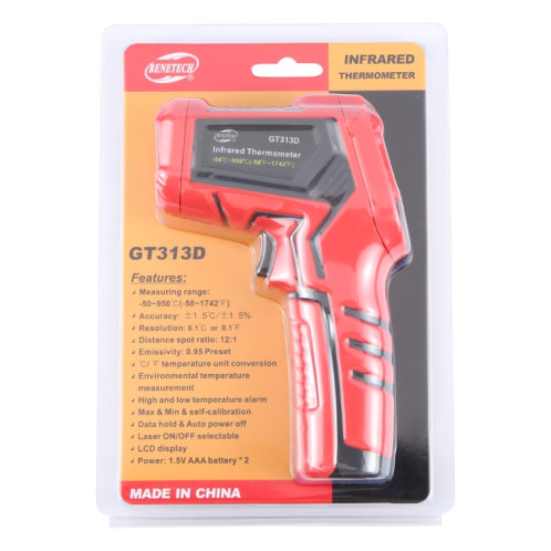 BENETECH GT313D Thermomètre infrarouge à écran LCD, batterie non incluse SB61061100-05