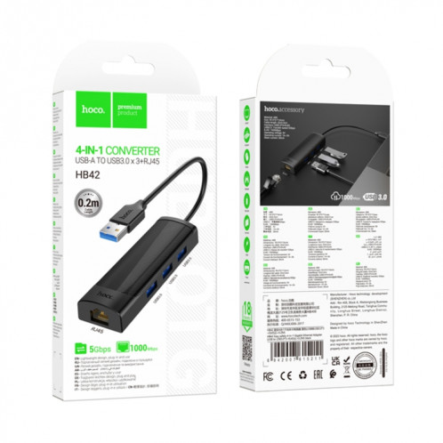 Hoco HB42 Convertisseur de carte réseau Gigabit 4 en 1 USB vers USB3.0x3 + RJ45, longueur: 0,2 m (noir) SH501A1484-07