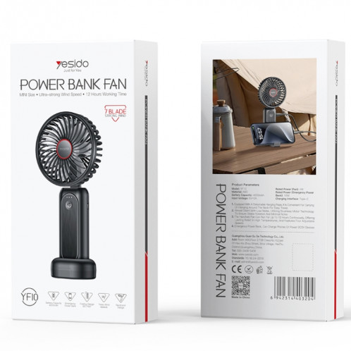 Yesido YF10 Ventilateur de charge USB portatif silencieux et pliable (noir) SY701A588-013