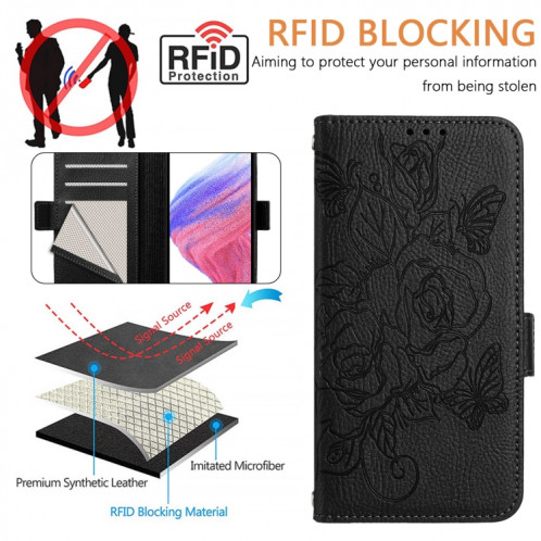 Pour Ulefone Note 14 Étui de téléphone en cuir antivol Rose en relief RFID (Noir) SH101F321-07