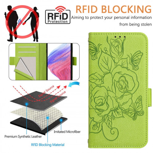 Pour Ulefone Note 18 Ultra Embossed Rose RFID Étui de téléphone en cuir antivol (Vert) SH102A1542-07