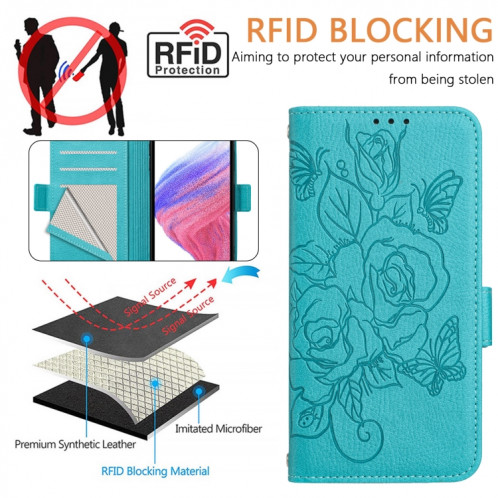 Pour Ulefone Note 18 Ultra Embossed Rose RFID Étui de téléphone en cuir antivol (bleu clair) SH102C1485-07